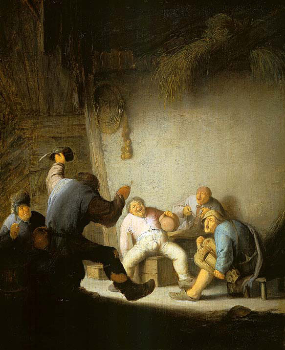 Peasants Drinking and Making Music in a Barn Interior